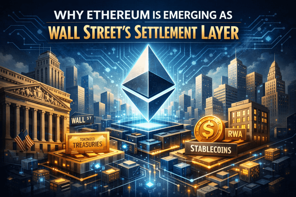 Illustration of the Ethereum Wall Street Settlement Layer showing tokenized treasuries, stablecoins, and real-world assets on blockchain infrastructure