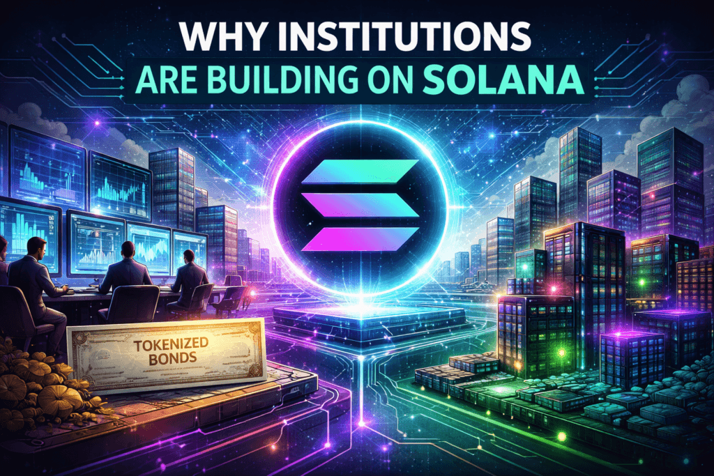 Illustration representing institutional Solana adoption with financial institutions building tokenized infrastructure and settlement systems on the Solana blockchain