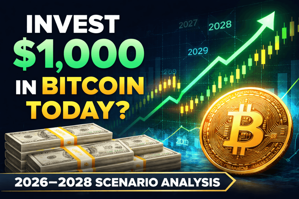 Illustration showing invest 1000 dollars in Bitcoin concept with rising price chart, green upward arrow, cash stack and Bitcoin coin for 2026-2028 analysis.