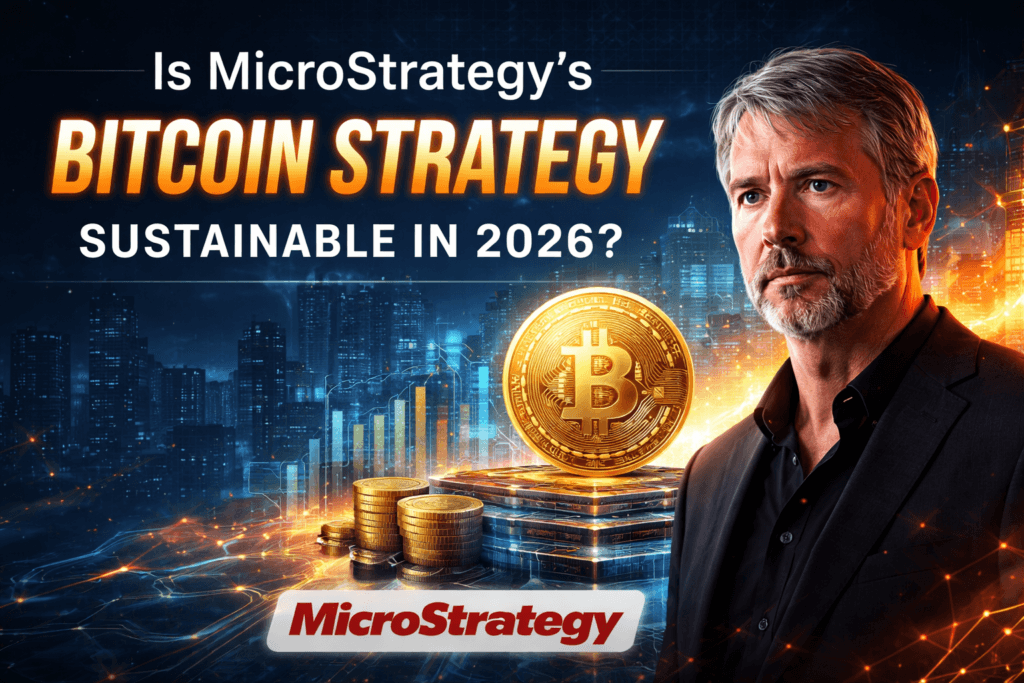 MicroStrategy’s Bitcoin Strategy theme with Bitcoin coins, financial charts, and a corporate executive portrait against a futuristic city background.
