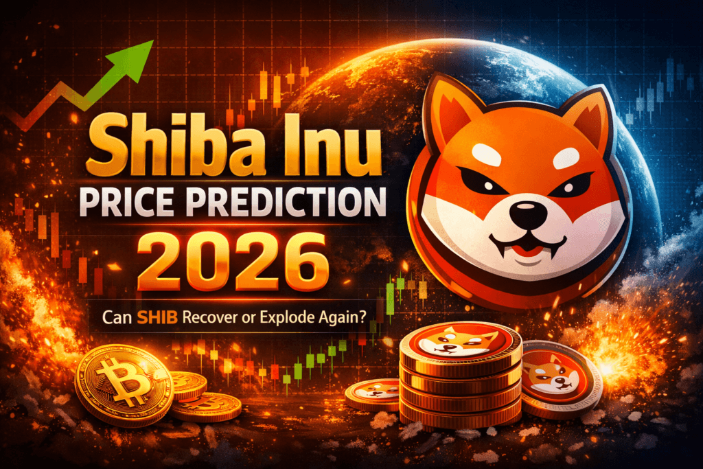 Shiba Inu price prediction 2026 graphic showing SHIB logo, 2026 text, candlestick charts and crypto market growth concept