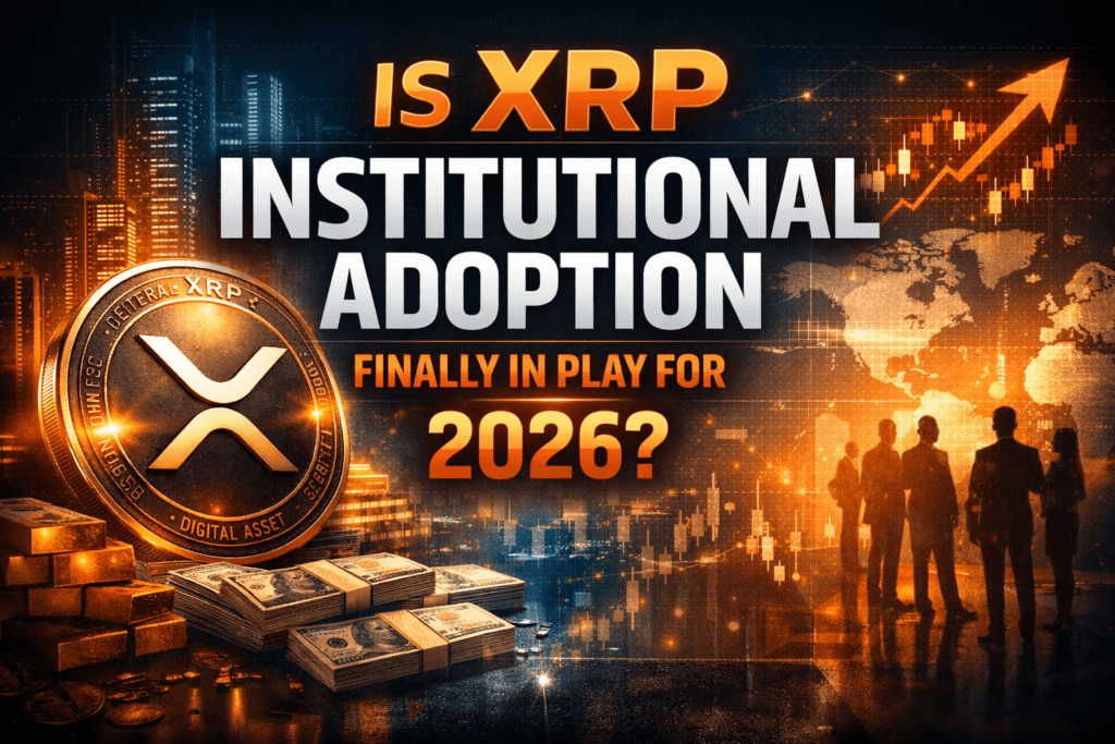 Illustration representing XRP institutional adoption in 2026 with a glowing XRP coin, rising market chart, global map, and financial professionals symbolizing banking and cross-border settlement growth.