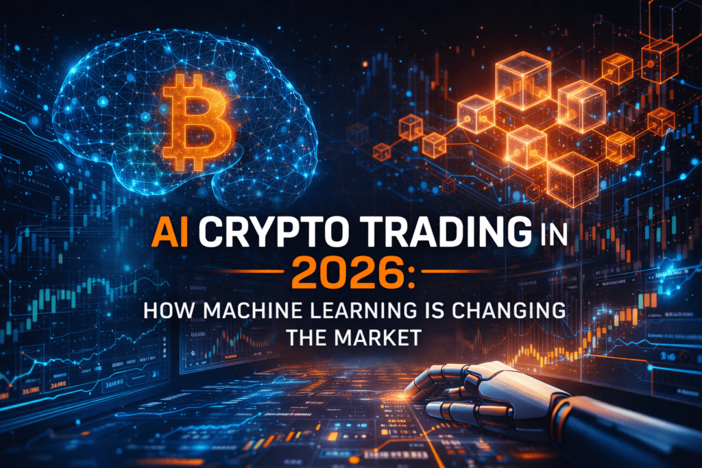 Futuristic AI brain and robotic hand interacting with blockchain network and crypto trading dashboard in 2026.