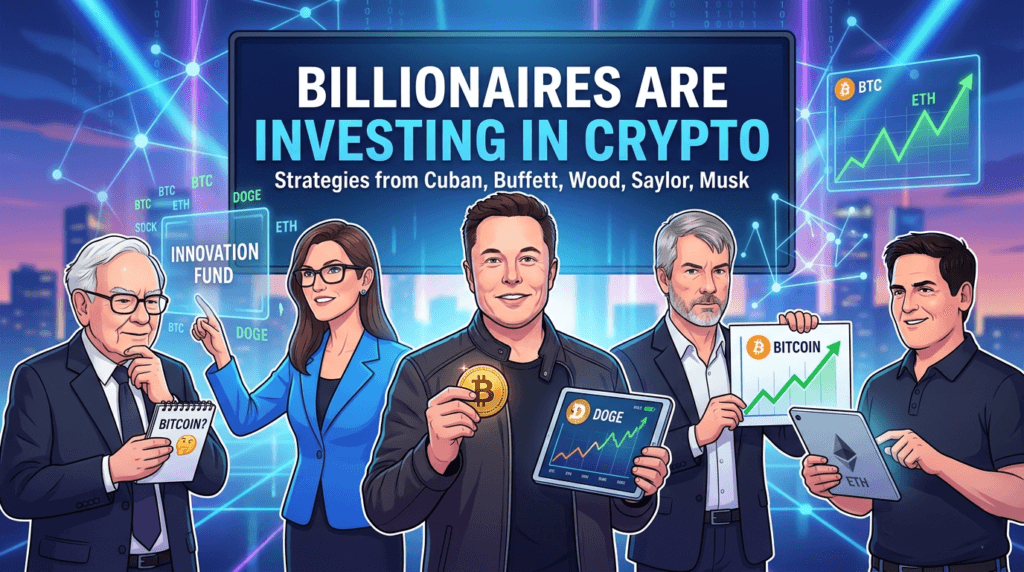 Illustration of major billionaires investing in crypto, holding Bitcoin and digital asset charts, representing different investment strategies in 2026.