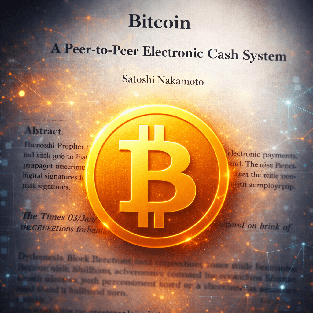 Bitcoin Whitepaper Explained showing Satoshi Nakamoto’s 2008 document and the concept of peer-to-peer electronic cash system.