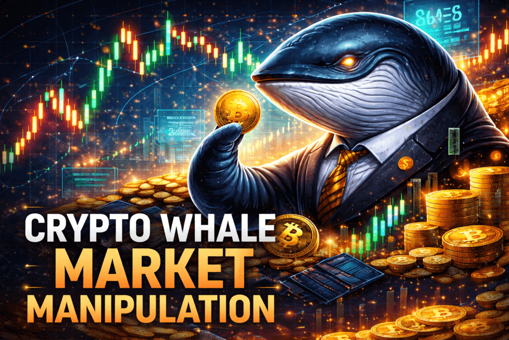 Crypto whale market manipulation concept with a large whale holding Bitcoin in front of rising and falling candlestick charts.