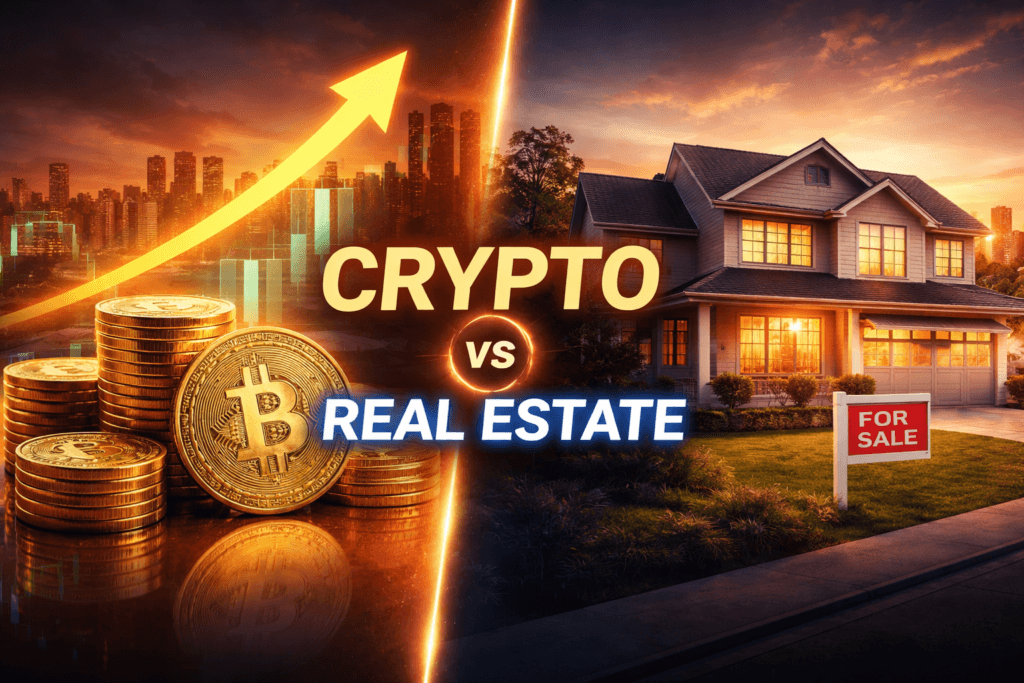Crypto vs Real Estate comparison showing Bitcoin growth chart and a house for sale representing two competing investment strategies.