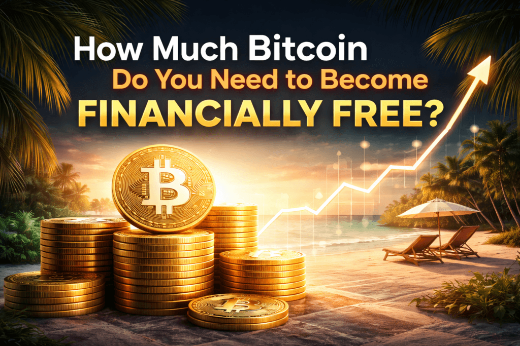Bitcoin financial freedom illustration with stacked Bitcoin coins and an upward financial growth chart at sunset.