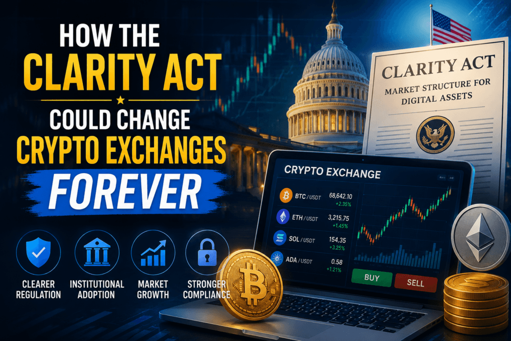 Illustration representing CLARITY Act crypto exchanges regulation with Bitcoin, Ethereum, exchange trading dashboard, U.S. Capitol, and digital asset compliance themes.