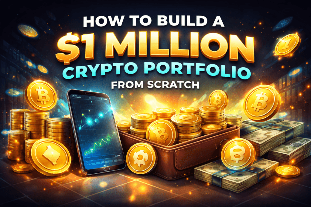 Illustration showing how to build a $1 million crypto portfolio with Bitcoin coins, rising price chart, smartphone trading app, and stacked cash representing long-term crypto investment strategy.
