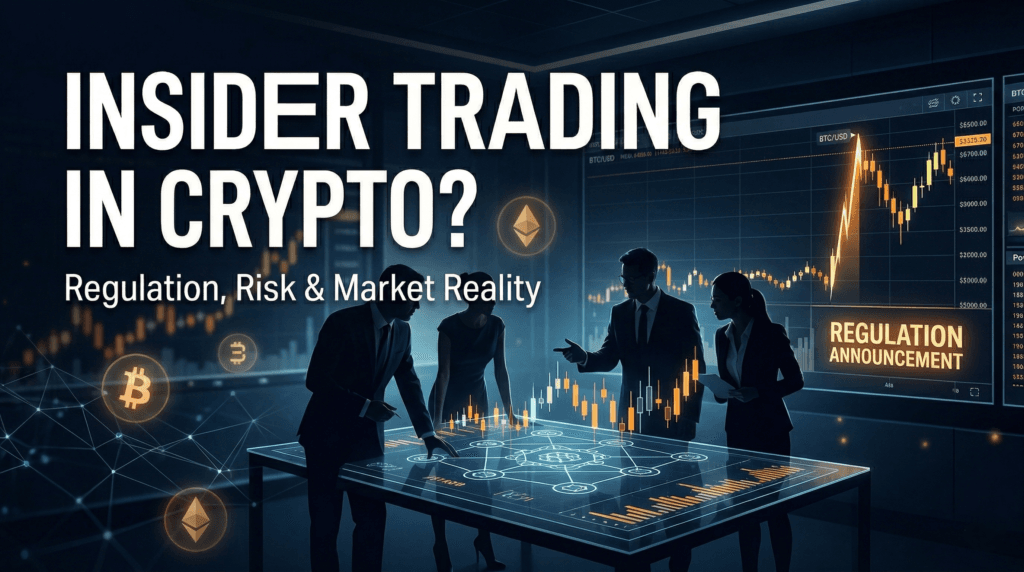 Illustration representing insider trading in crypto with dark trading screens, blockchain data, and a highlighted price spike before a regulation announcement.