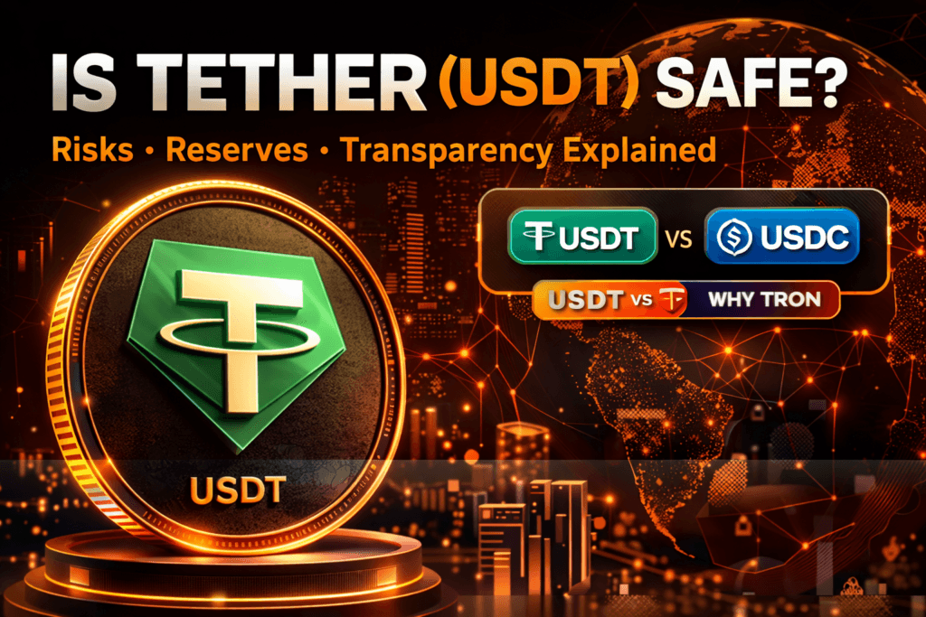 Is Tether (USDT) safe featured image showing USDT coin with risks, reserves, transparency and USDT vs USDC comparison