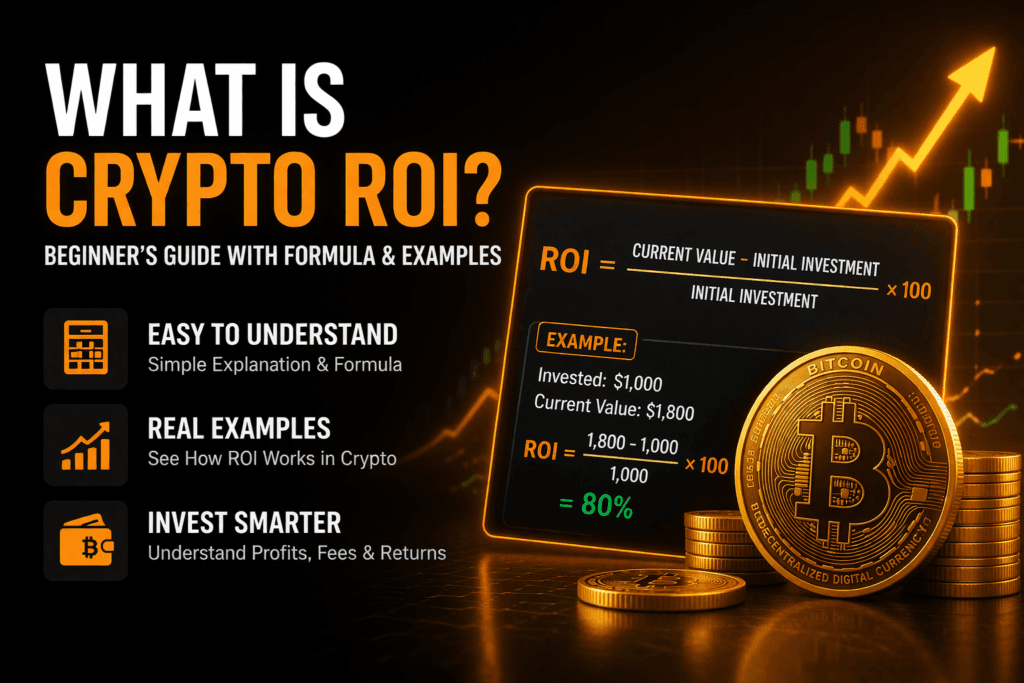 What is Crypto ROI infographic showing ROI formula, Bitcoin coin, calculator and crypto price chart with example calculation