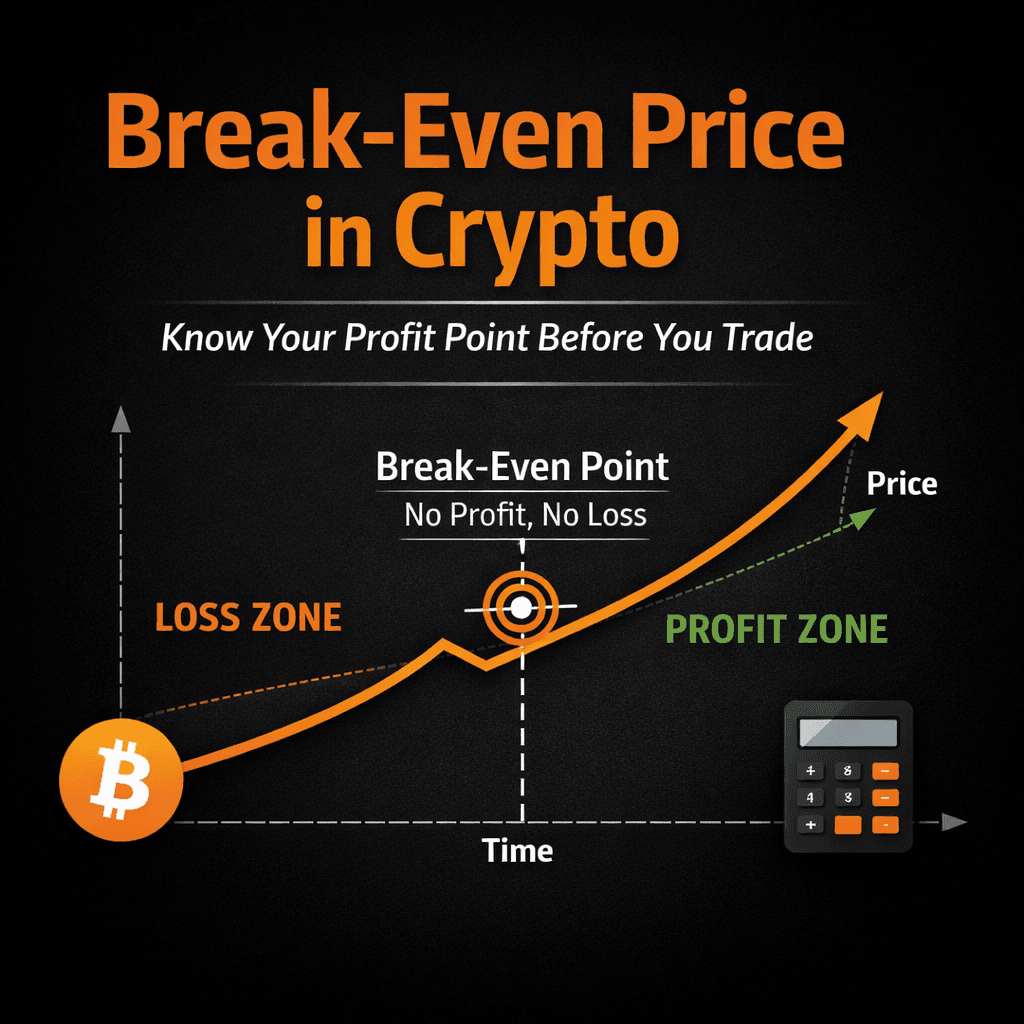 Break-even price in crypto illustrated with a graph showing loss zone, profit zone, and the no profit no loss point