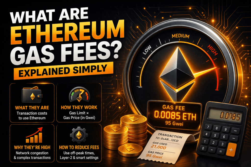 Ethereum gas fees explained infographic showing gas price, transaction cost calculation, and tips to reduce fees