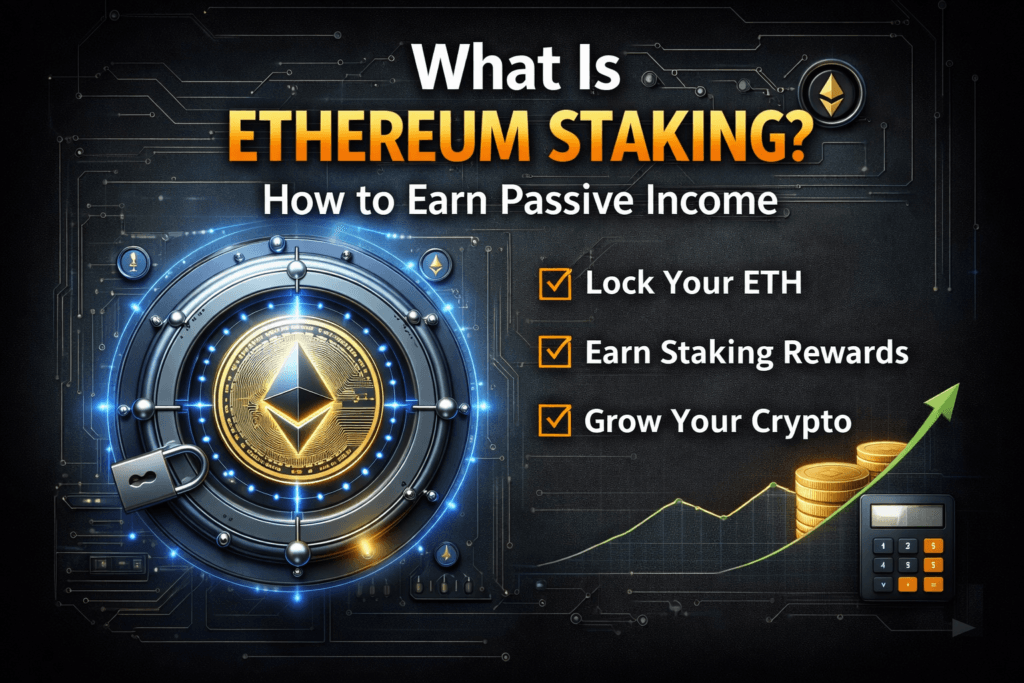 Ethereum staking infographic showing how to earn passive income by locking ETH and receiving staking rewards