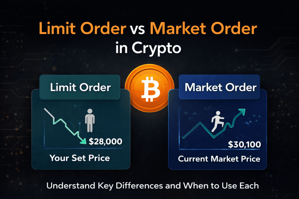limit order vs market order in crypto showing price control vs instant execution comparison