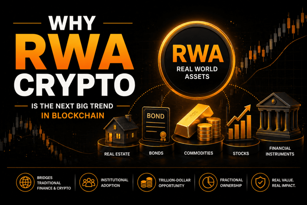RWA crypto concept showing real world assets like real estate bonds commodities and blockchain growth trend