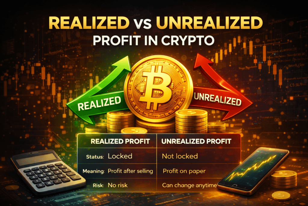 realized vs unrealized profit crypto explained with comparison chart and example infographic