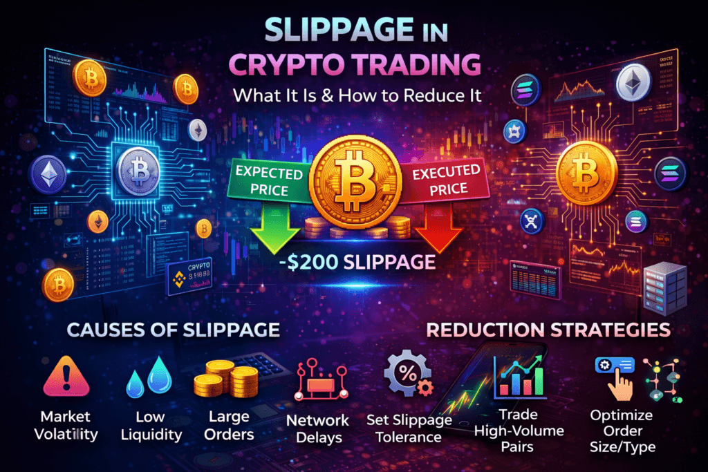slippage in crypto trading explained with expected vs executed price and causes infographic