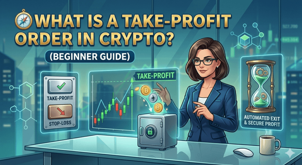 Take-profit order in crypto example showing target price level and automatic profit booking in trading