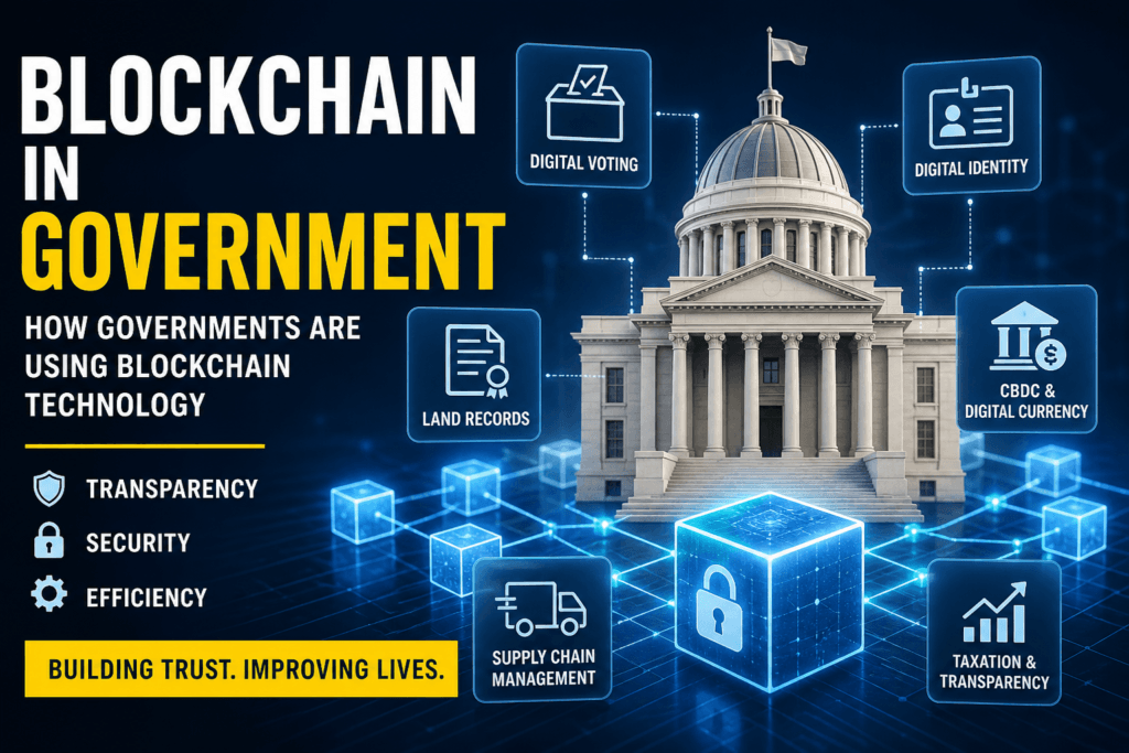 blockchain in government showing digital voting identity land records cbdc and transparency systems
