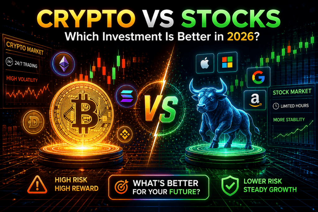 Crypto vs stocks comparison illustration showing bitcoin high volatility and stock market steady growth investment concept