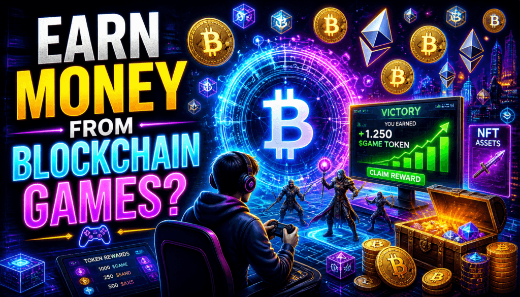 Earn money from blockchain games illustration showing gamer earning crypto tokens and nft rewards in futuristic gaming environment