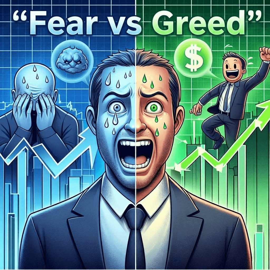 fear vs greed in crypto illustration showing emotional trading decisions panic selling and buying at market highs