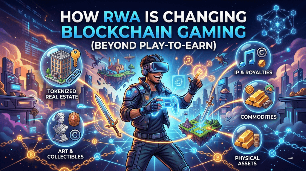 rwa in blockchain gaming illustration showing gamer, gaming blockchains, crypto gaming coins, nft assets, and real world asset integration in web3 gaming