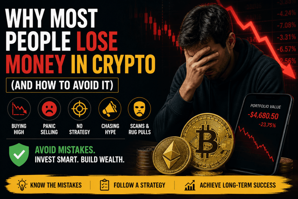 Why most people lose money in crypto illustration showing panic selling buying high and crypto market losses