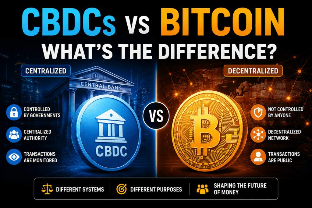cbdcs vs bitcoin illustration showing centralized digital currency controlled by banks compared with decentralized bitcoin blockchain network