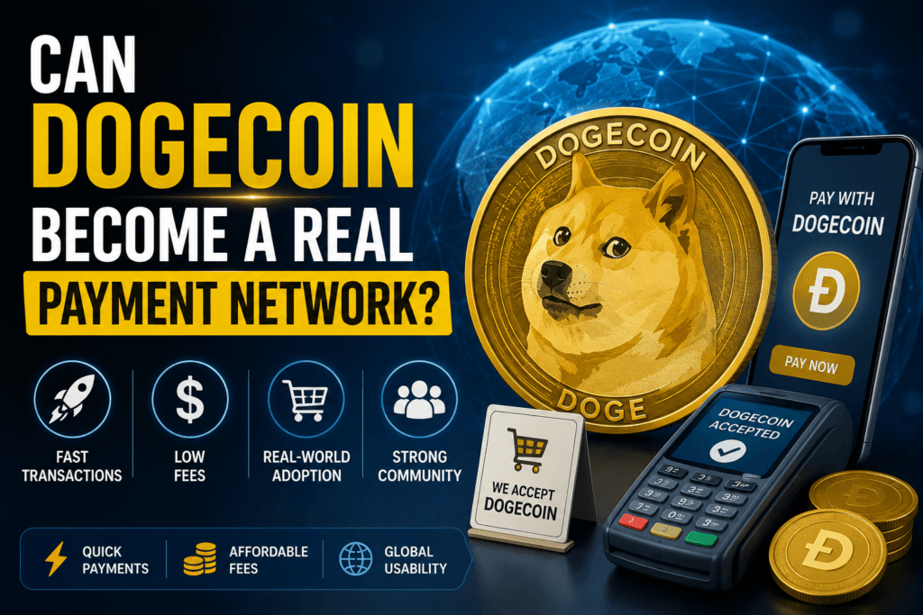 Dogecoin real payment network concept showing DOGE crypto payments, low transaction fees, fast transfers, and growing merchant adoption.