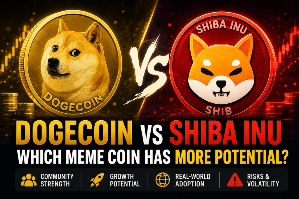 Dogecoin vs Shiba Inu meme coin comparison showing DOGE and SHIB with crypto market background and investment potential analysis.