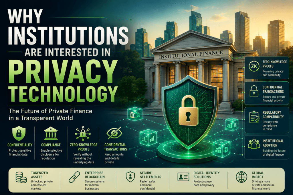 Institutional privacy technology illustration featuring blockchain security, confidential finance systems, zero-knowledge cryptography, and digital asset infrastructure.