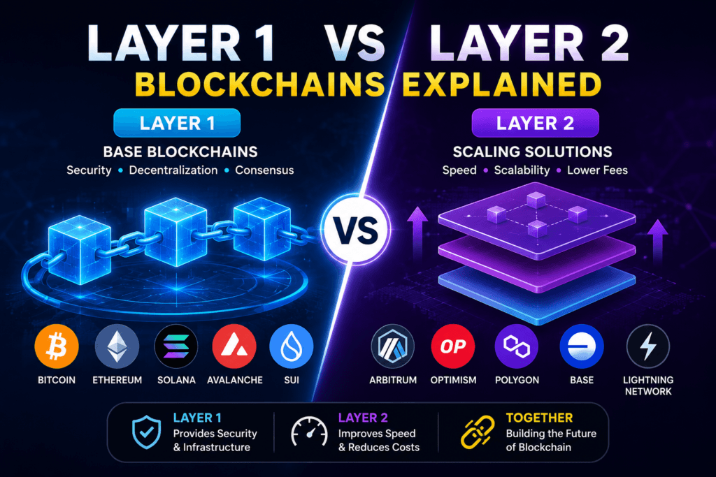 Illustration comparing Layer 1 and Layer 2 blockchains including Bitcoin, Ethereum, Solana, Arbitrum, Optimism, Polygon, and Lightning Network with blockchain scalability visuals.