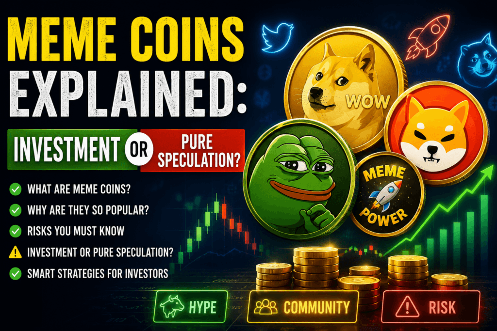 Illustration showing popular meme coins like Dogecoin, Shiba Inu, and PEPE with rising crypto charts representing meme coin speculation and crypto market hype.
