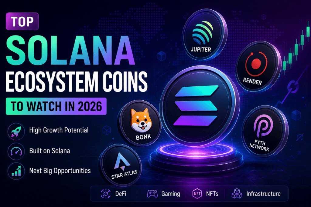 Illustration showing Solana ecosystem coins including Jupiter, Render, Bonk, Star Atlas, and Pyth Network with futuristic blockchain graphics and crypto market growth visuals.