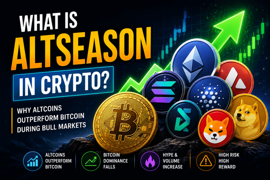 Illustration showing altseason in crypto with Bitcoin, Ethereum, Solana, Cardano, Dogecoin, and rising altcoin market charts.