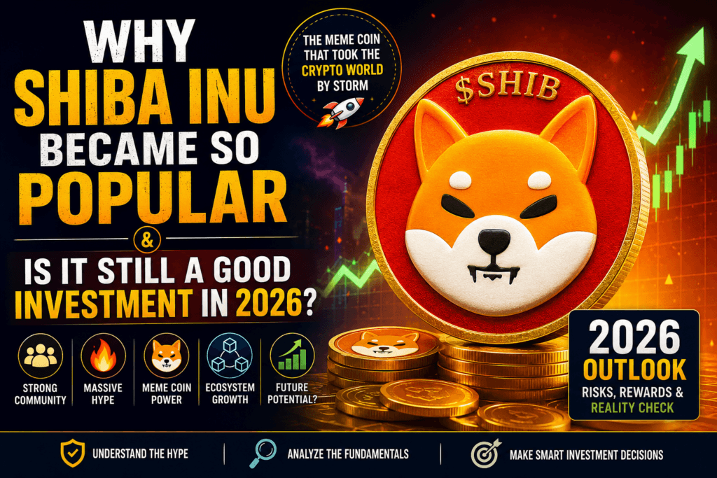 Illustration of Shiba Inu meme coin with rising crypto charts, social media symbols, and speculative crypto market visuals.