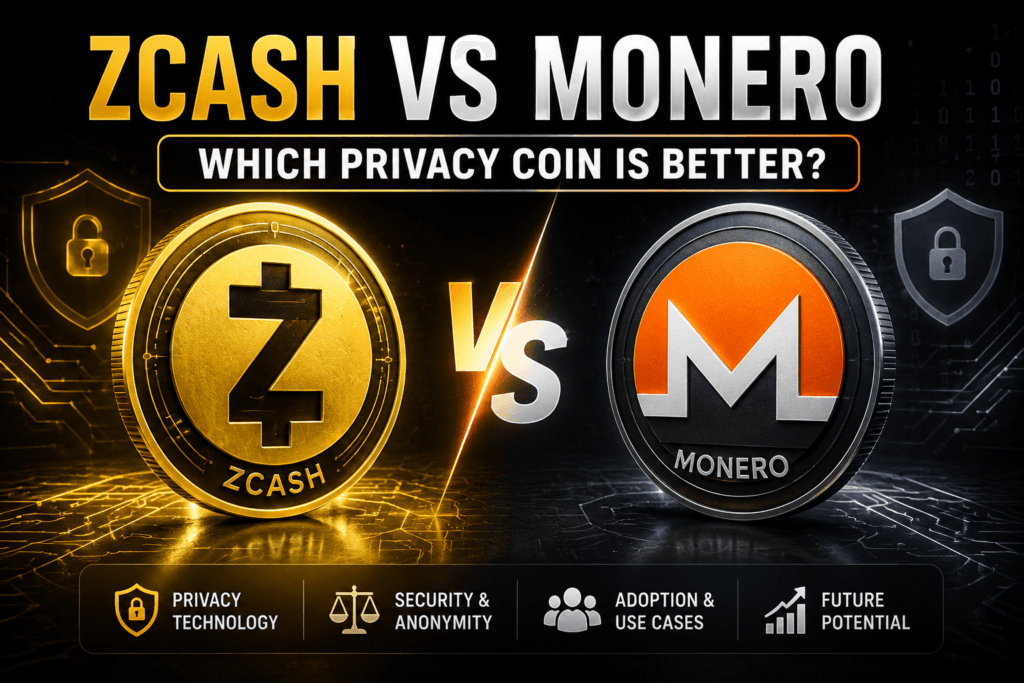 Zcash vs Monero comparison image showing privacy coins, blockchain security, anonymous crypto transactions, and digital privacy technology.