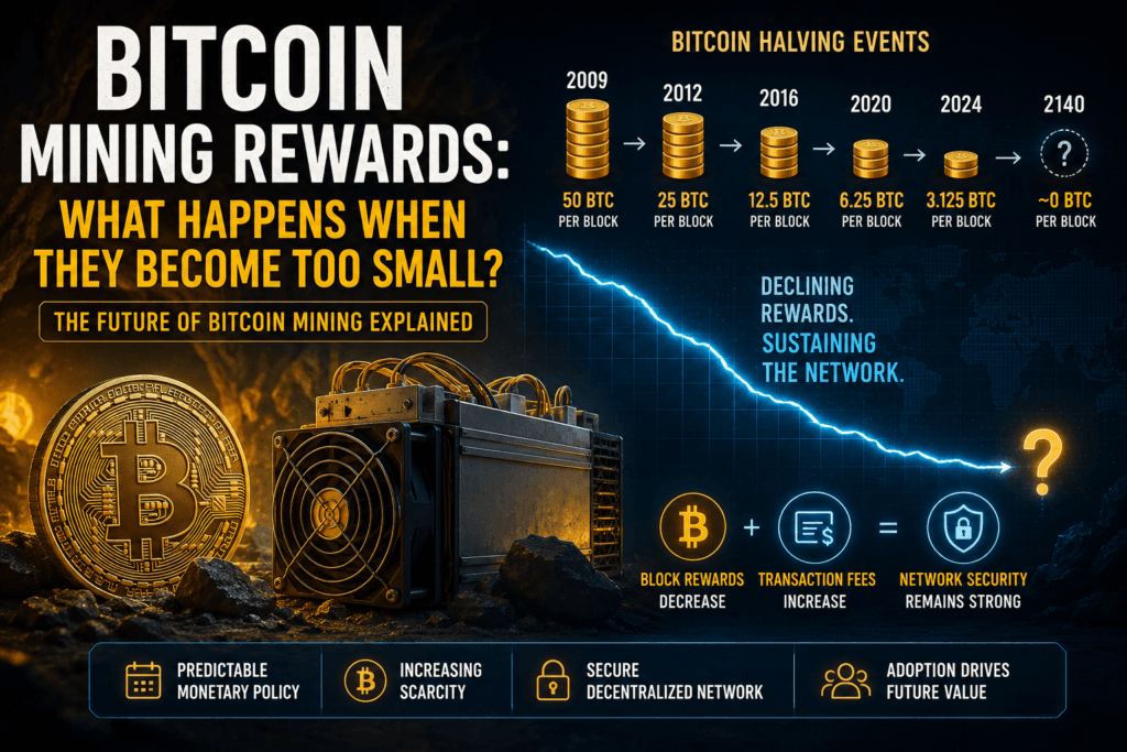 Bitcoin mining rewards illustration showing halving events, declining block rewards, Bitcoin miners, transaction fees, network security, and the future of Bitcoin mining after 2026.