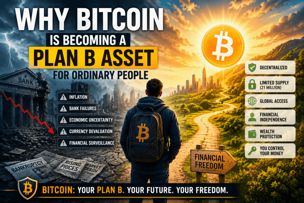 Bitcoin Plan B asset illustration showing financial crisis, banking instability, and ordinary people turning to Bitcoin for financial freedom and wealth protection in 2026