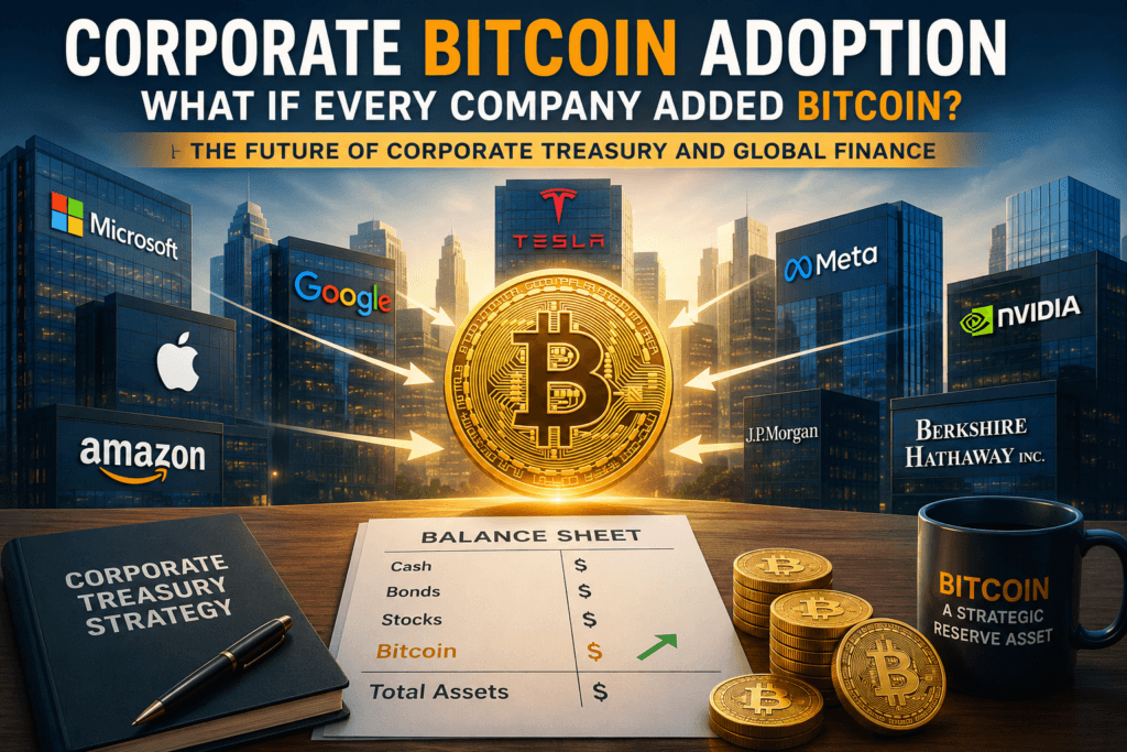 Corporate Bitcoin adoption illustration showing companies adding Bitcoin to balance sheets, institutional treasury reserves, Bitcoin as a corporate asset, and global financial transformation in 2026.
