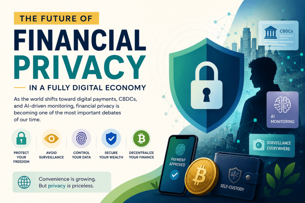 Illustration showing the future of financial privacy with CBDCs, AI monitoring, Bitcoin, self-custody wallets, and digital financial surveillance technologies.