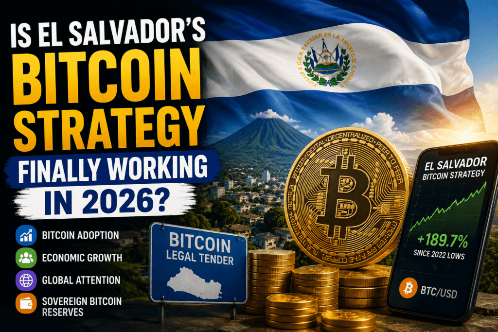 Illustration showing El Salvador Bitcoin strategy with Bitcoin coins, national flag, price growth chart, volcano landscape, and sovereign Bitcoin adoption themes.