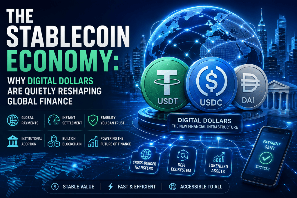 Stablecoin economy illustration showing USDT, USDC, DAI, blockchain payments, digital dollars, tokenized assets, and the future of global finance in 2026.