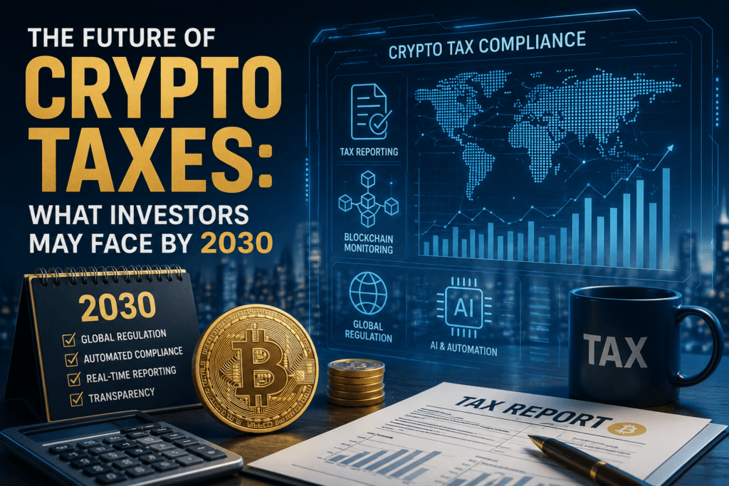 Illustration showing future of crypto taxes with Bitcoin, tax reporting systems, AI compliance tools, blockchain monitoring, and digital finance visuals.