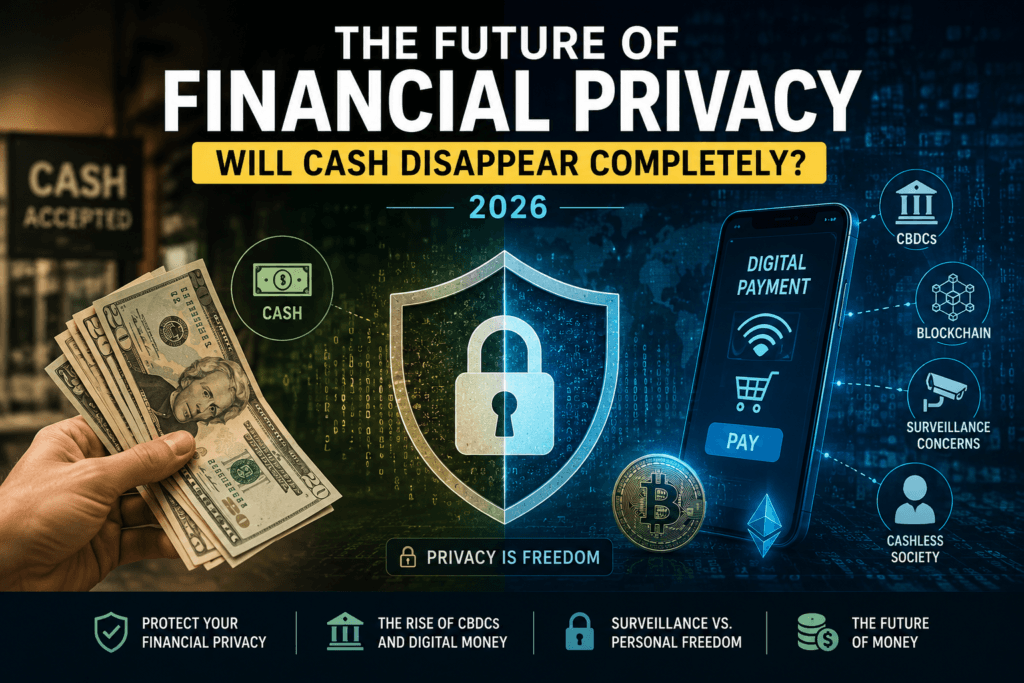 Financial privacy illustration showing cash, digital payments, CBDCs, blockchain transactions, surveillance concerns, and the future of money in 2026.