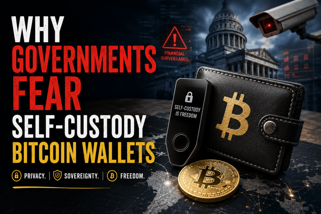 Illustration of a self-custody Bitcoin wallet protected from government surveillance with Bitcoin symbols, security elements, and financial control themes.